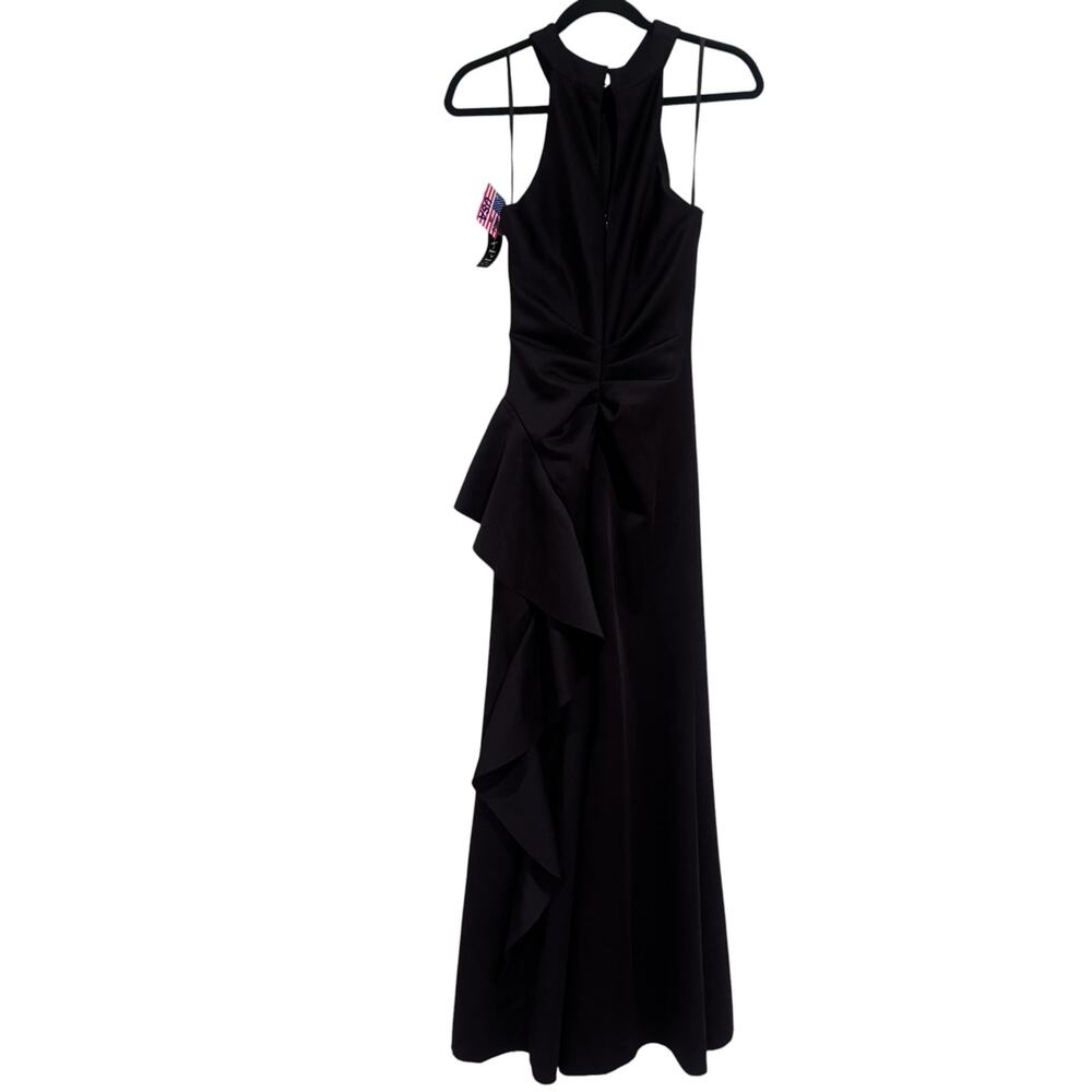 Xscape Scuba Crepe Sleeveless Leg Slit Ruffle Floor Length Dress Black Sz 4 NWT - Picture 13 of 13